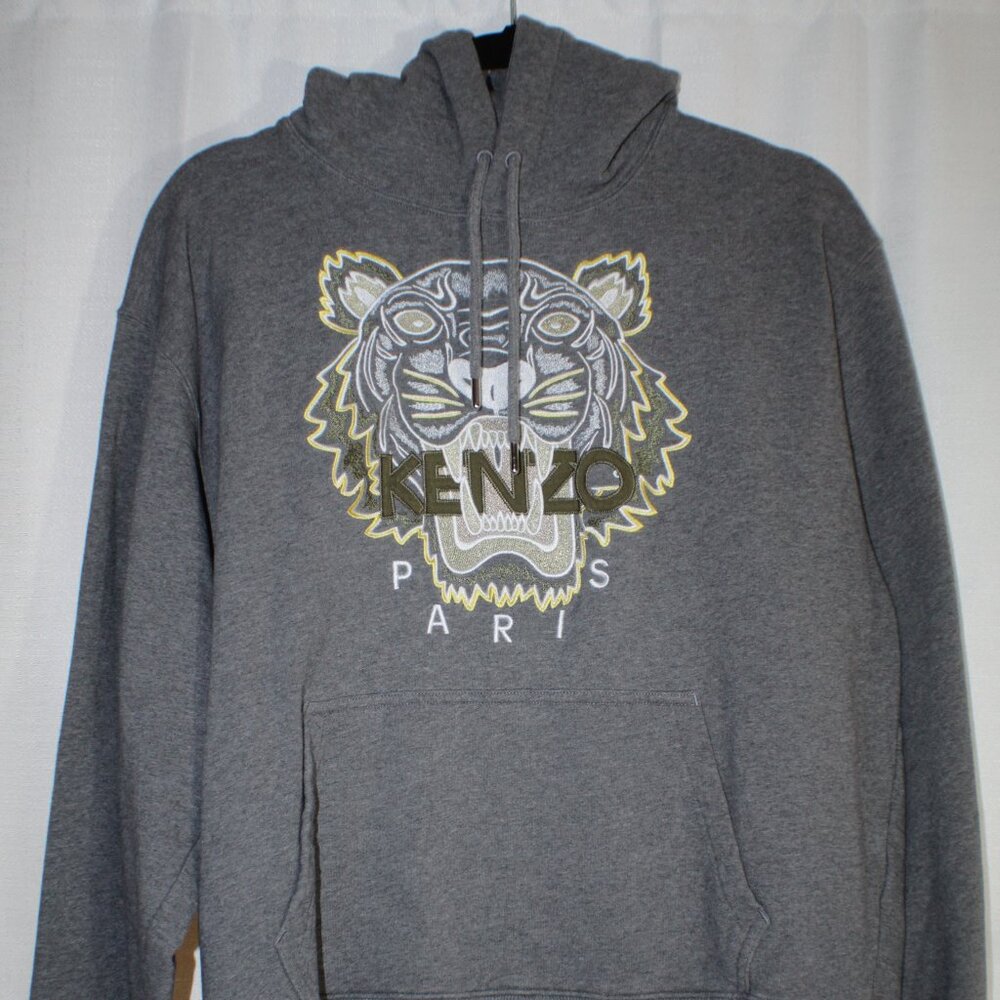 Kenzo Paris Tiger Head Embroidered Hoodie Mens Size Large Gray